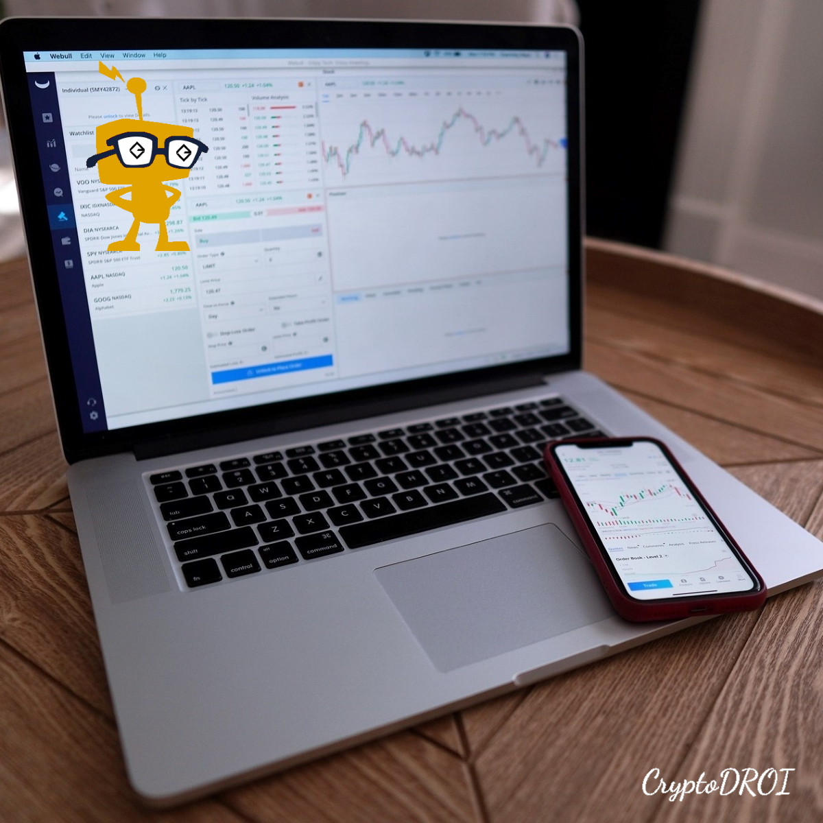 Laptop and mobile phone with trading chart, gunbot mascot, trade with gunbot