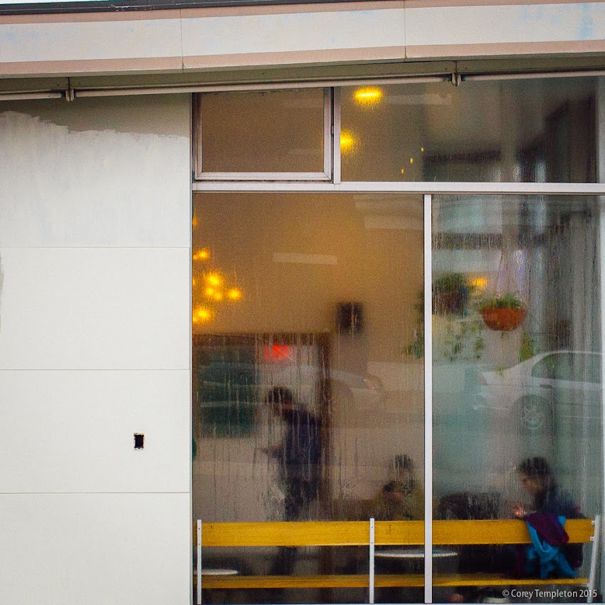 A sort of abstract view into Tandem Coffee & Bakery at 742 Congress Street. The windows are often obscured by condensation on these cool mornings. November 2015 photo by Corey Templeton in Portland, Maine. USA.