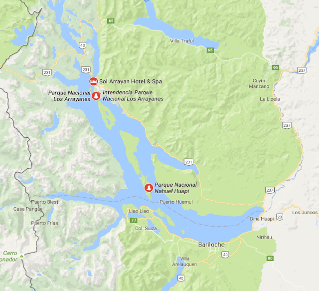 Mapa da localização do bosque dos Arrayanes com relação à Bariloche e lagos   