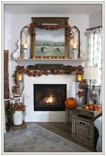Fall- Fireplace- Mantel-French- Country- Farmhouse-Vintage-Finds-Architectural-Pieces-Lanterns-Crock-Crosses-DIY-Owl-Pumpkins-Candles-From My Front Porch To Yours