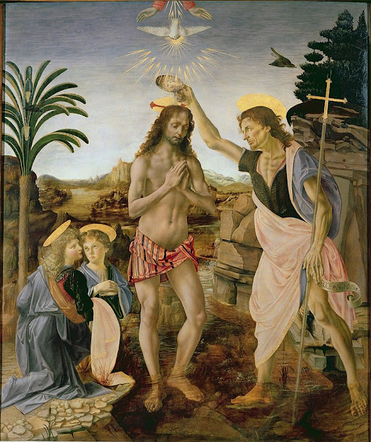 quadro O Batismo de Cristo de Andrea del Verrochio auxiliado por Leonardo da Vinci e Botticelli   