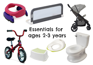 A clickable link image that leads to Most Used | 2-3 Years featuring images of a Potette portable potty, a chicco red bullet balance bike, a bed guard, a joie pushchair, a infant summer my size potty and an IKEA toddler seat and step stool.