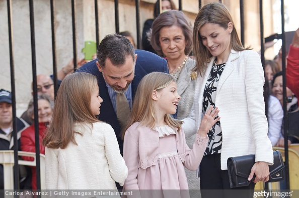  Princess Leonor of Spain, King Felipe VI of Spain, Queen Sofia, Queen Letizia of Spain and Princess Sofia of Spain attend the Easter Mass at the Cathedral of Palma de Mallorca