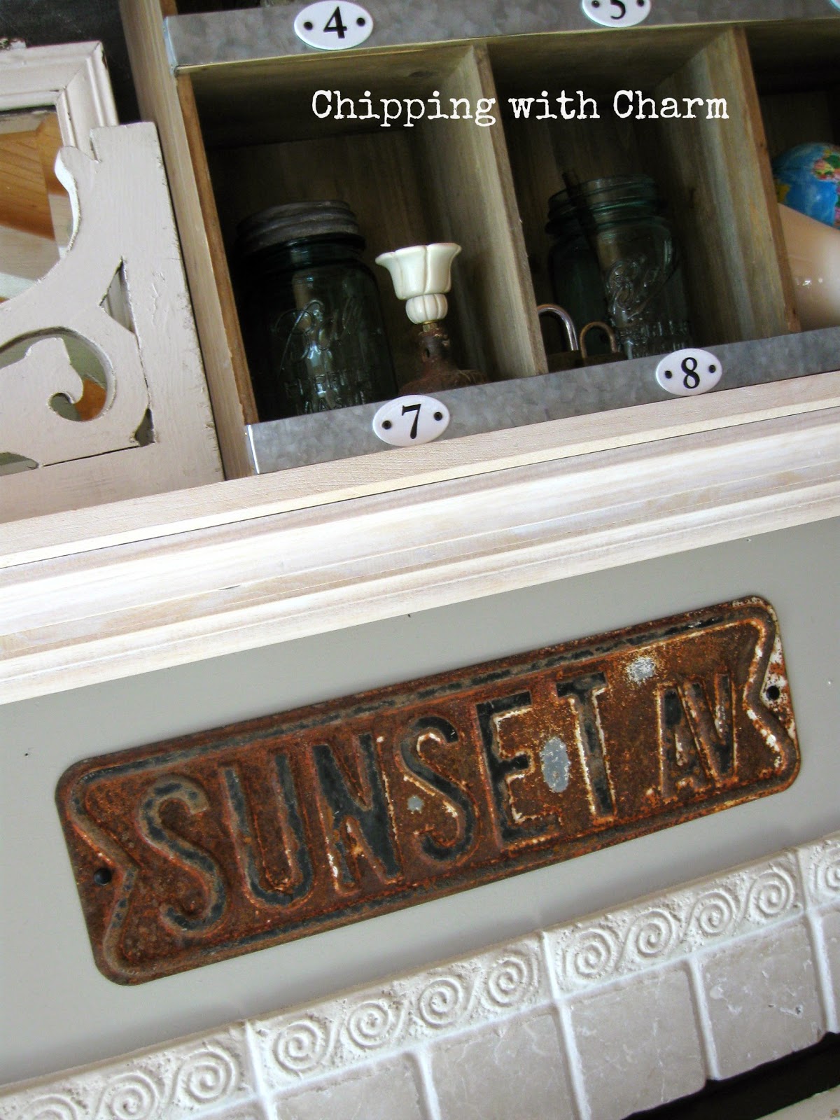 Chipping with Charm:  Spring Mantel, rusty street sign...www.chippingwithcharm.blogspot.com