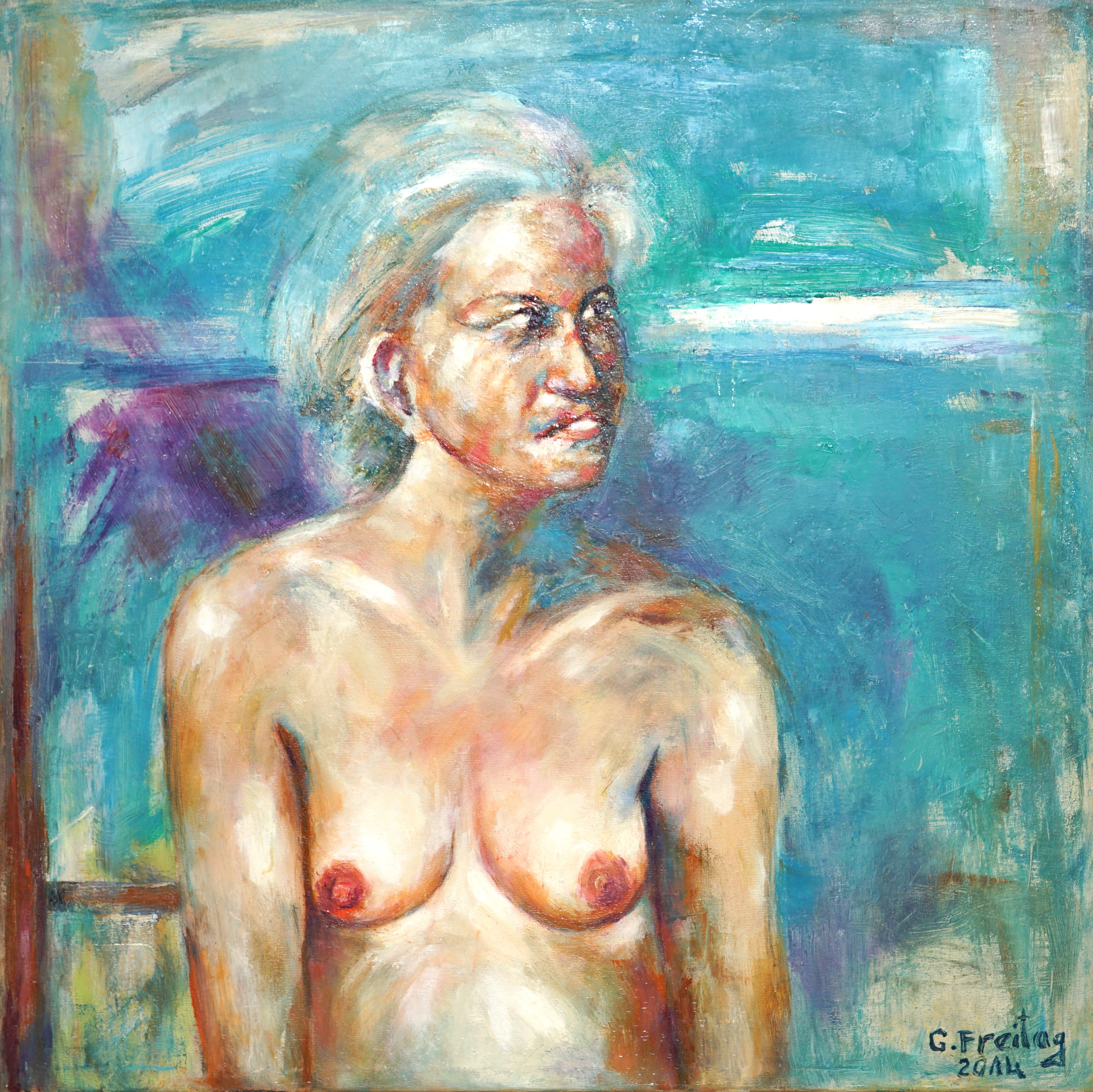 Gazmend Freitag: Roswitha, 2014, Öl auf Leinwand, 80 x 80 cm