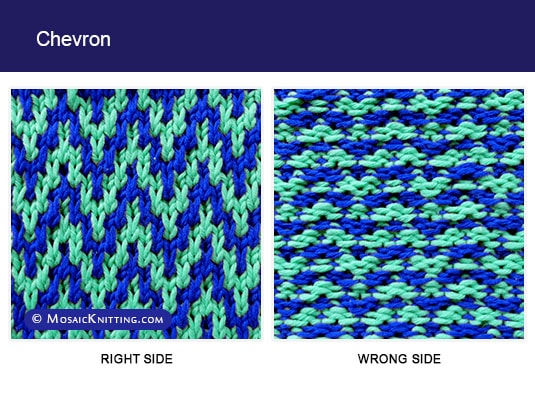 Mosaic Knitting - Two color Slip Stitch Pattern. Right side vs wrong side of the Chevron stitch