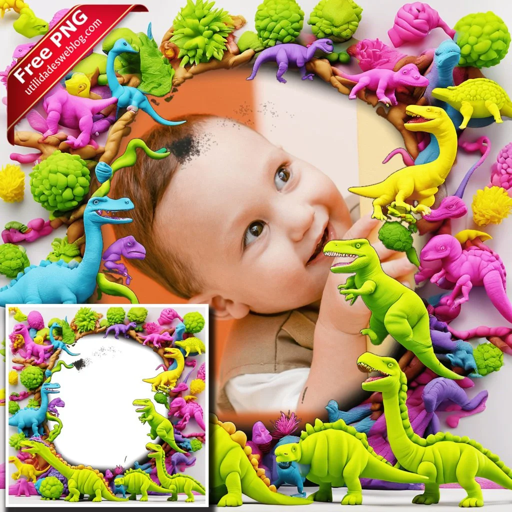 marco para fotos con dinosaurios de plastico o plastilina en png con fondo transparente para descargar gratis