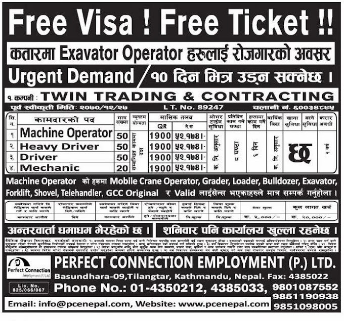 Free VISA Free Ticket vacancy in Qatar