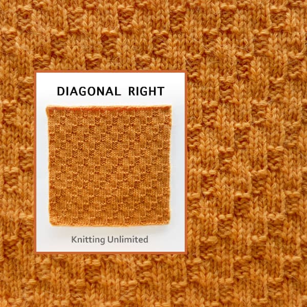 Diagonal Right Knit Purl Square Pattern. Clear and helpful stitch instructions to guide even novice knitters.