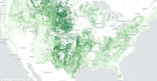 an animated GIF comparing a USA map of grassland coverage in 1992 ans 2021