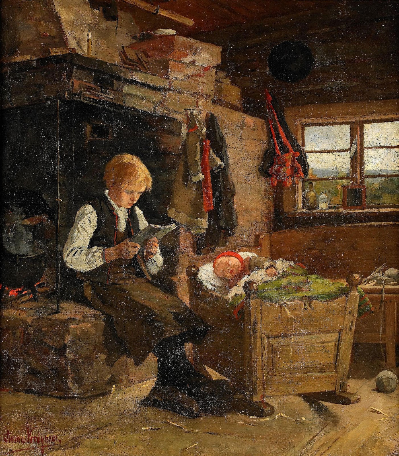 アンナ・ノルドグレンの『暖炉に読書する少年がいる伝統的な室内』