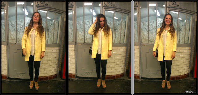 Le Style de la Semaine, Clara manteau mi-saison imper Zara damier jaune et blanc copie Vuitton Marc Jacobs printemps été 2013 chaussures compensées Claudie Pierlot slim Claudie Pierlot