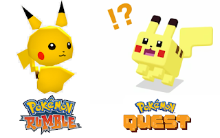 Pikachu Pokémon Rumble chibi super deformed vs. Pokémon Quest cube blocky Minecraft
