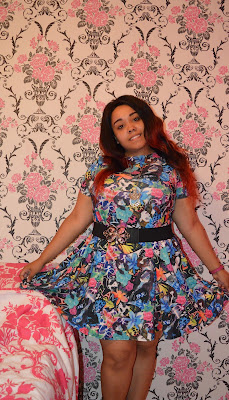 Blogger wearing Multicoloured Floral Cartoon All Over Print Swing Dress 