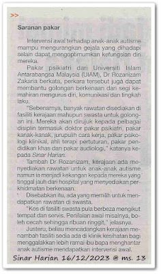 Cabaran urus anak autisme ; Ibu bapa kongsi pengalaman jaga anak istimewa - Keratan akhbar Sinar Harian 16 Disember 2023