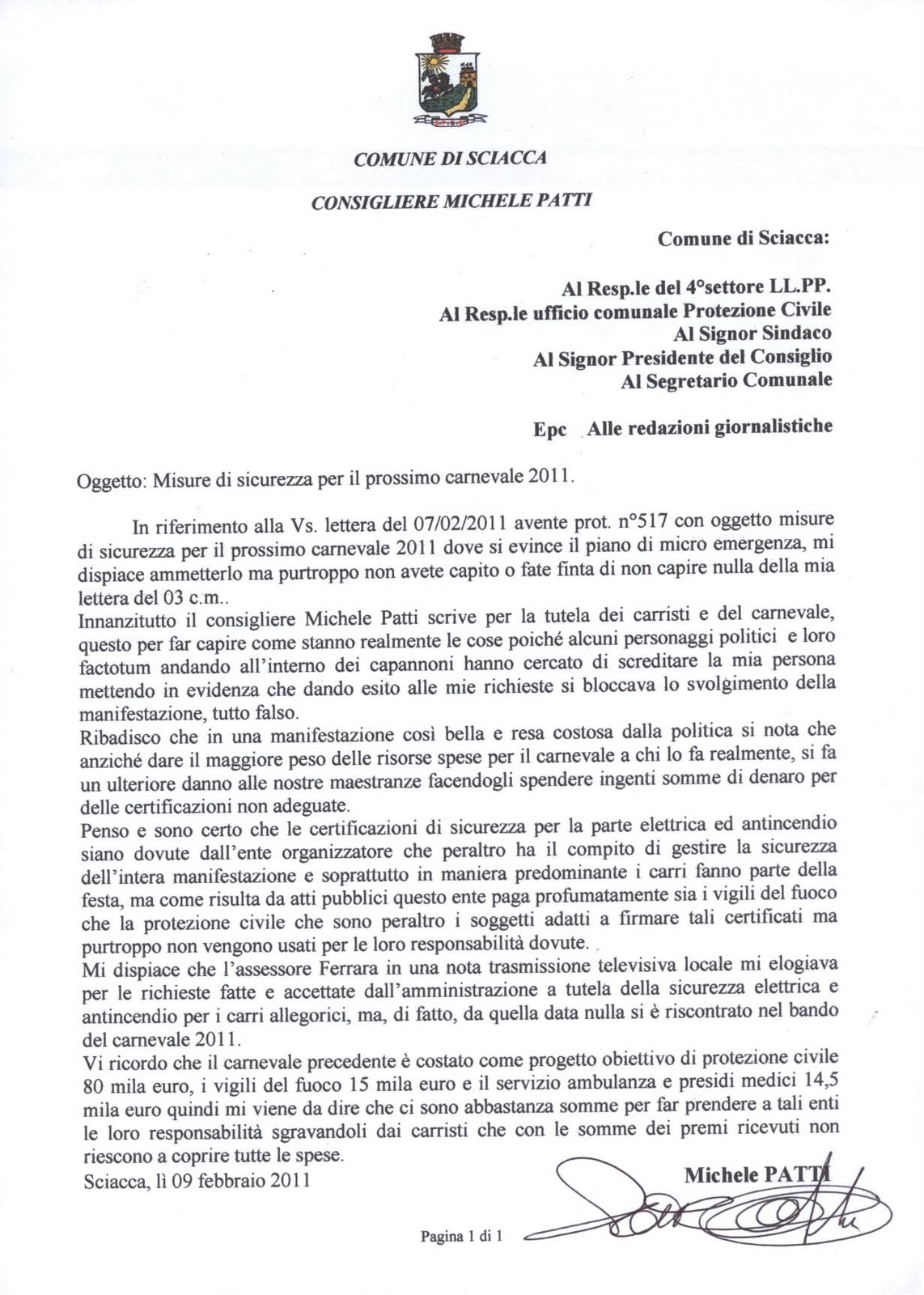 Michele Patti: Lettera di risposta al responsabile 4°settore LL.PP. e ...
