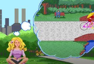 Shows blonde haired woman called Barbie dreaming in park in monk position about the park in cartoon 1990s style
