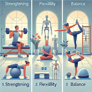 illustration of therapeutic exercises divided into three sections: Strengthening (person lifting dumbbells, doing squats, and using resistance bands), Flexibility (person performing yoga stretches, hamstring stretch, and shoulder stretch), and Balance (person balancing on one leg, using a stability ball, and standing on a wobble board) in a clean rehabilitation center."
