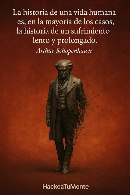 Arthur Schopenhauer y la imagen visual del sufrimiento como destino humano – HackeaTuMente Estatua de Arthur Schopenhauer de bronce parcialmente desintegrada con fondo rojo intenso, acompañada de una frase sobre el sufrimiento humano.