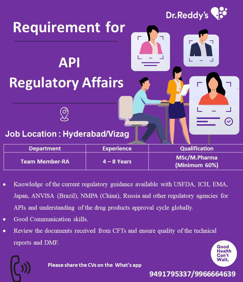 Job Availables, Dr Reddy's Job Vacancy for Regulatory Affairs