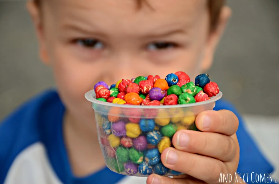 Close up of rainbow dyed dried chickpeas (garbanzo beans) for sensory play from And Next Comes L