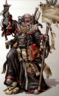 A priest of the Adeptus Ministorum, his hand outstretched mid sermon. His foot is atop a skull and he carries similarly grim relics about him, alogn with bells and leathery tomes. In his left hand, he clutches a pole with a large strip of parchment attached to it.