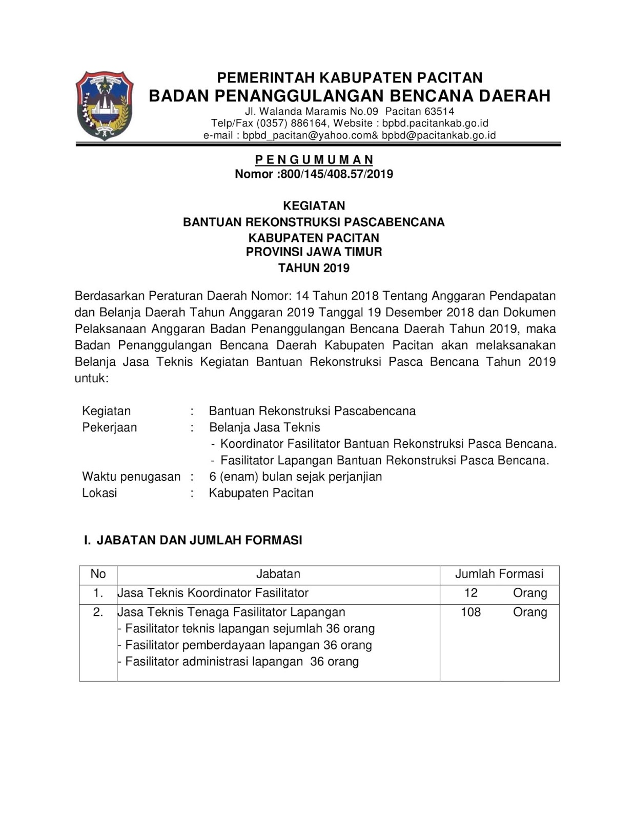 Lowongan Kerja Badan Penanggulangan Bencana Daerah Kabupaten Pacitan Maret 2019