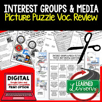 Interest Groups, Media, Civics Test Prep, Civics Test Review, Civics Study Guide, Civics Interactive Notebook Inserts, Civics Picture Puzzles