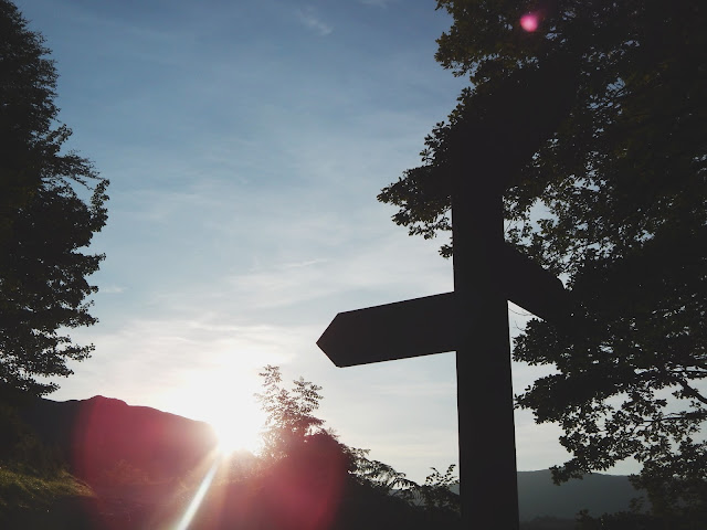 A signpost at sunset at Rydal Water, Lake District, Cumbria