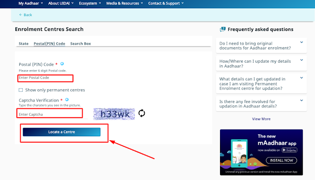 Aadhaar Card Enrolment Centres Search by Pin Code