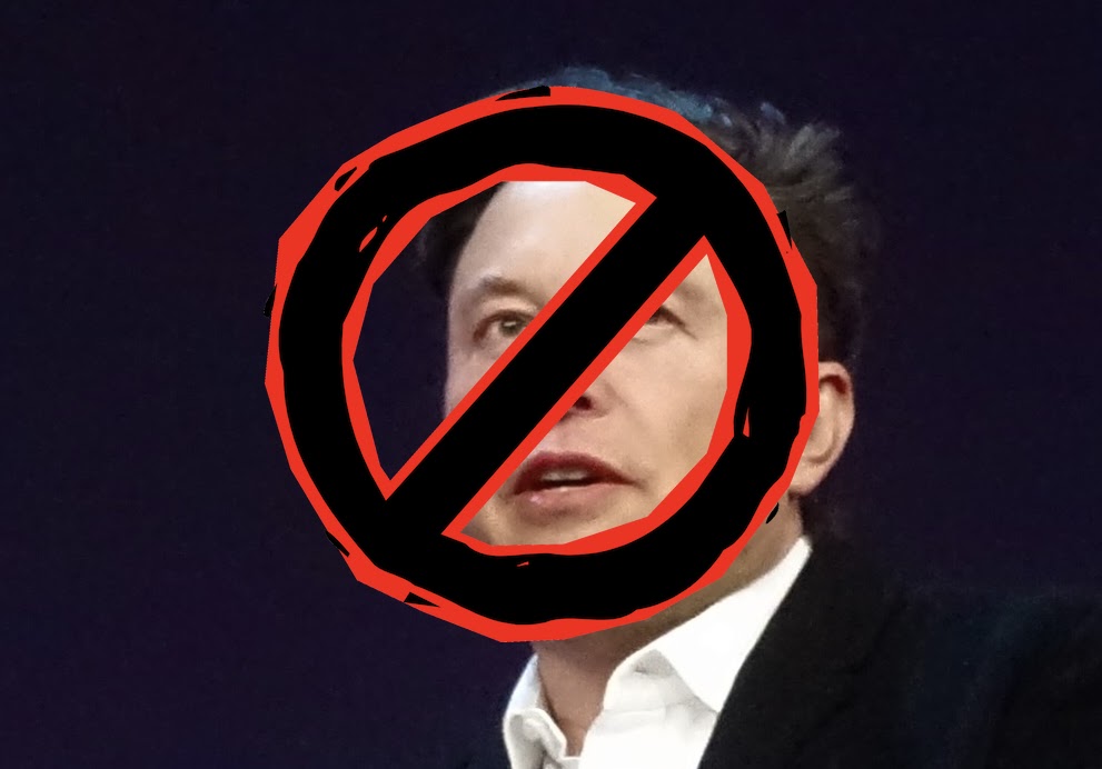 Elon Musk with a "no" slash over his face