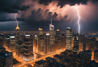 The photo shows Chicago at night, over which a thunderstorm is raging. Lightning strikes Willis Tower and Banks of the City, the tallest building in the city. Other skyscrapers can be seen in the background, as well as Lake Michigan.