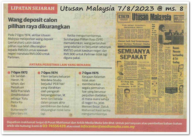 Lipatan sejarah 7 Ogos - Keratan akhbar Utusan Malaysia 7 Ogos 2023