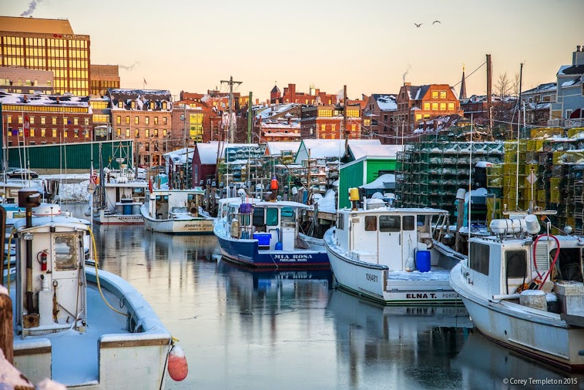 Portland, Maine city and old port skyline from Union Wharf in the Old Port, February 2015, photo by Corey Templeton