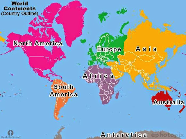 Sleak printable map of the 7 different continents all labelled with their names in full.