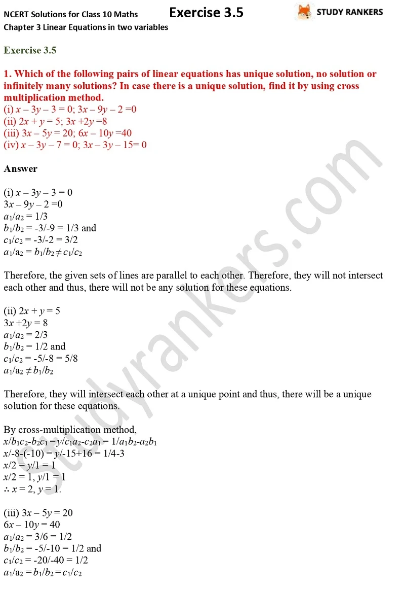 NCERT Solutions for Class 10 Maths Chapter 3 Pair of Linear Equations in Two Variables Exercise 3.5 Part 1