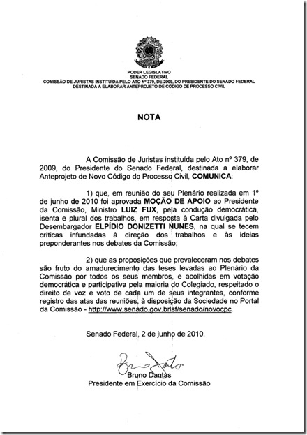 Moção de Apoio da Comissão de Juristas encarregada de elaborar o NovoCPC ao Ministro Luiz Fux, em resposta às críticas de Elpídio Donizetti.