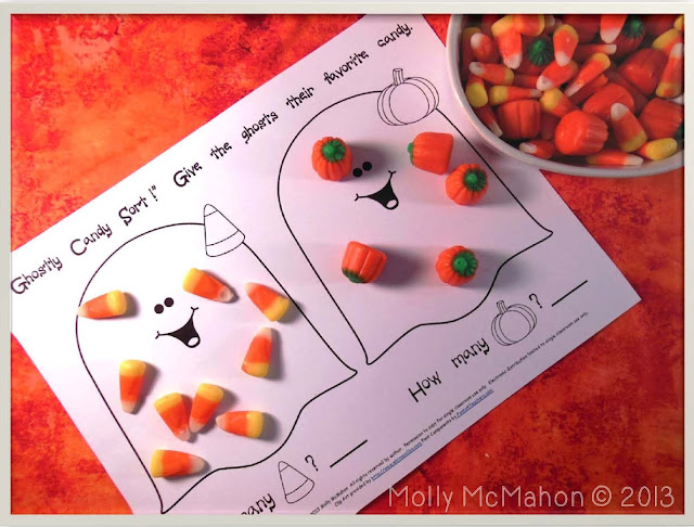 Happy October!  Here is a free sorting activity with two of the friendliest ghosts you've ever seen!  Give each child a bag of candy corn to sort.  You'll need the pumpkin shape variety as well as the traditional type of candy corn.  Students sort the candy corn into the two groups as indicated by the image on the ghosts.  Then they count the candy corn within each group and record the number.  No reading is required for the sorting activity!