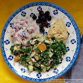 a square image showing a plate of CSA farm share chopped salad with side dishes