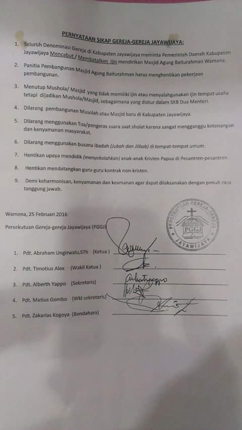 Persekutuan Gereja Jayawijaya Tolak Pembangunan Masjid dan Busana Muslim Di Jayawijaya
