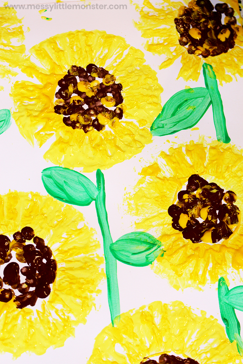 Easy sunflower painting for preschoolers using a toilet paper roll stamp