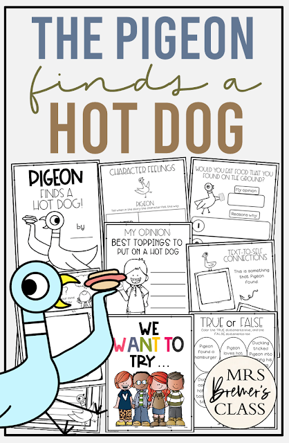 Pigeon Finds a Hot Dog book activities unit with literacy companion activities, class book, and a craftivity for Kindergarten and First Grade