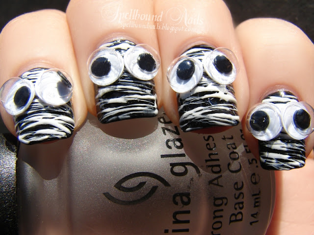 nails nailart nail art mani manicure Spellbound mummy Doctor Who quote Halloween Nail-Aween Challenge googly eyes stripes string spun sugar