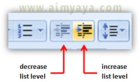  Gambar:  Tombol Decrease List Level dan Increase List Level untuk pengaturan level bullet dan numbering di powerpoint