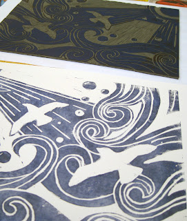 Carved lino and print of Seagulls in blue