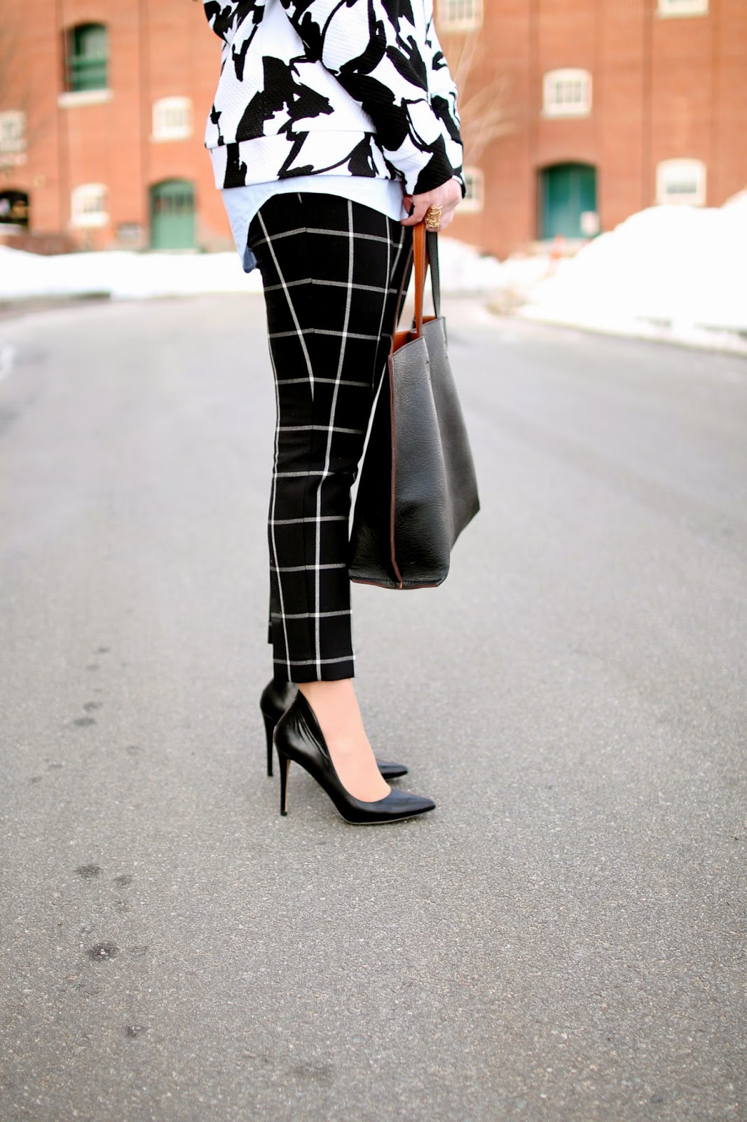 boston blogger, loft window pane print pants, winter style, layered, ann taylor loft