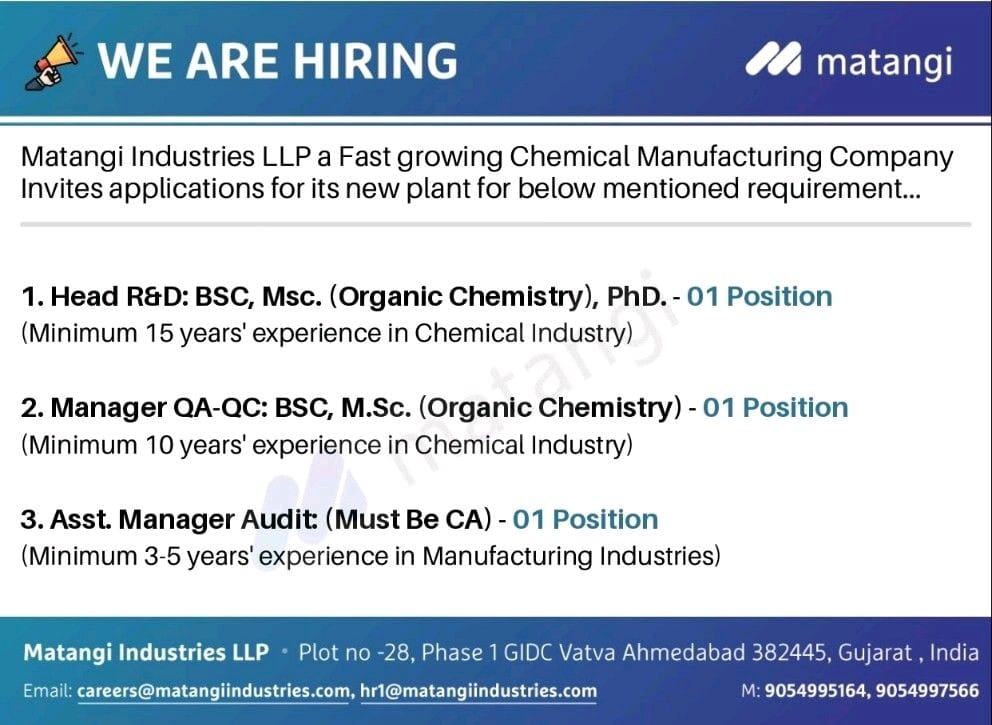 Job Availables,Matangi Industries LLP  Job Vacancy For BSc/ M.Sc(Organic Chemistry)/ Ph D