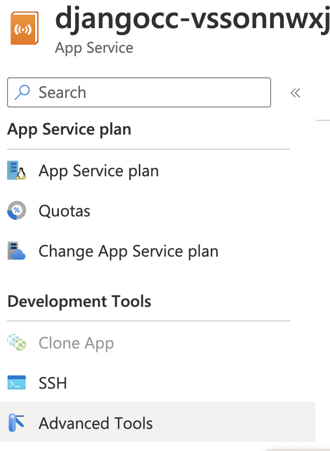 Screenshot of Azure Portal side nav with Advanced Tools selected