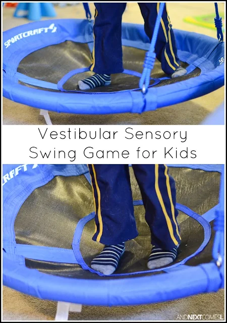 Vestibular sensory swing game for kids to practice left vs right from And Next Comes L