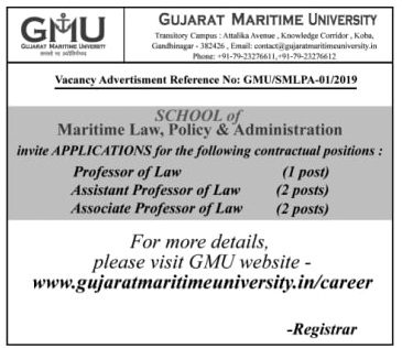 Gujarat Maritime University (GMU) Recruitment for Various Posts 2019
